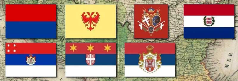 Наше заставе имају дугу историју и посотје раније него било која застава иједног другог Славјанског народа. Прва горе је Српска застава Стефана Владислава 1234-1243, и ту су наше типичне две боје, црвена и плава, без треће; друга застава је застава цара Стефана Душана 1346-1371, ту се види жута боја, која је једна од боја кориштених у нашим народима; за време првог српског устанка је кориштена ова застава, 1804; Сретењски Устав и застава се битно мења, прилично холандизована/порусена, 1835; од 1838 се застава мења, поља са бојама добијају распоред који се и данас користи, ова застава се користила до 1869 и занимљиви су у горњем десном углу двоструки троуглови, наши древни симболи; застава Кнежевине Србије од 1869 па до 1872; Краљевина Србија од 1882 па до 1918 користи ову заставу, када Краљевина Србија престаје да постоји