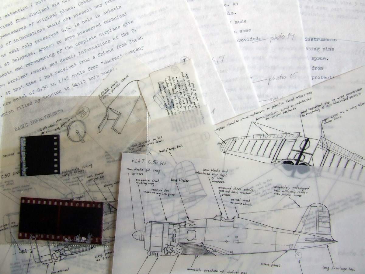 Чланак о макети авиона  G-50, никада није објављен, враћено писмо назад, са искасапљеним садрајем (нестао део материјала).