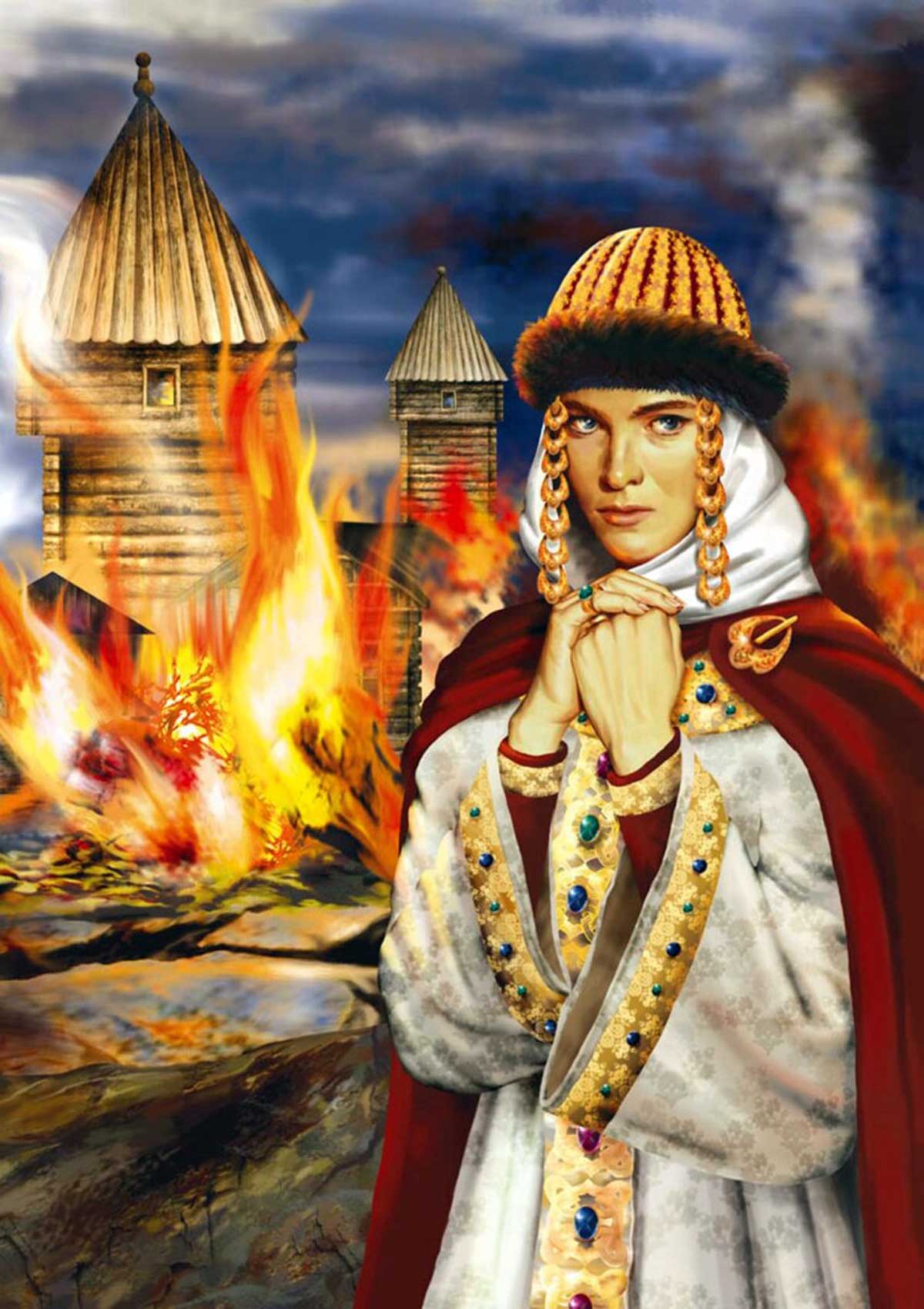 Олга, кнегиња Киевске кнежевине (не Киевске Русије, то није било) а позади замишљени Искоростен у пламену